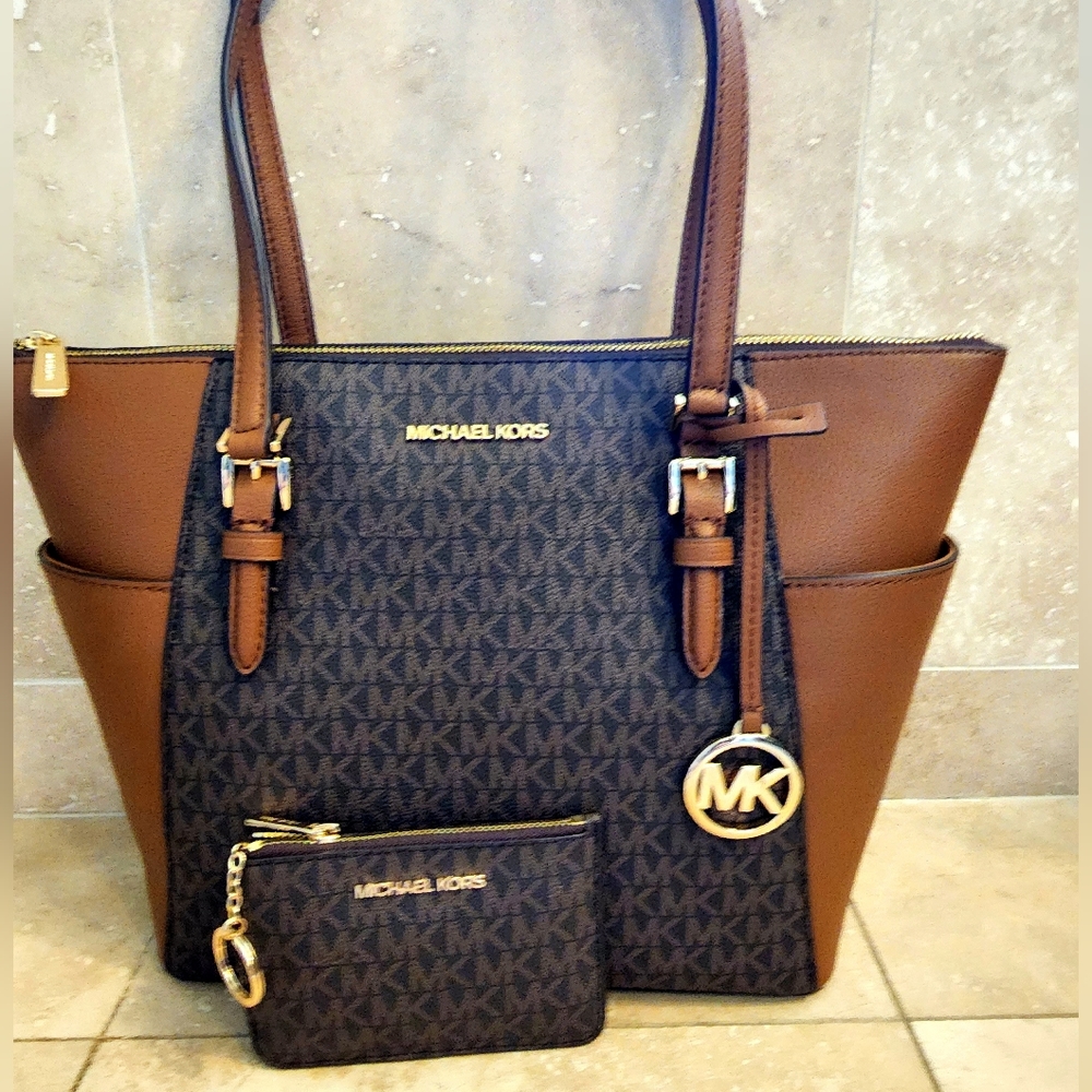Michael Kors Large Charlotte Logo Tote Bag, leather trim /Small matching wallet